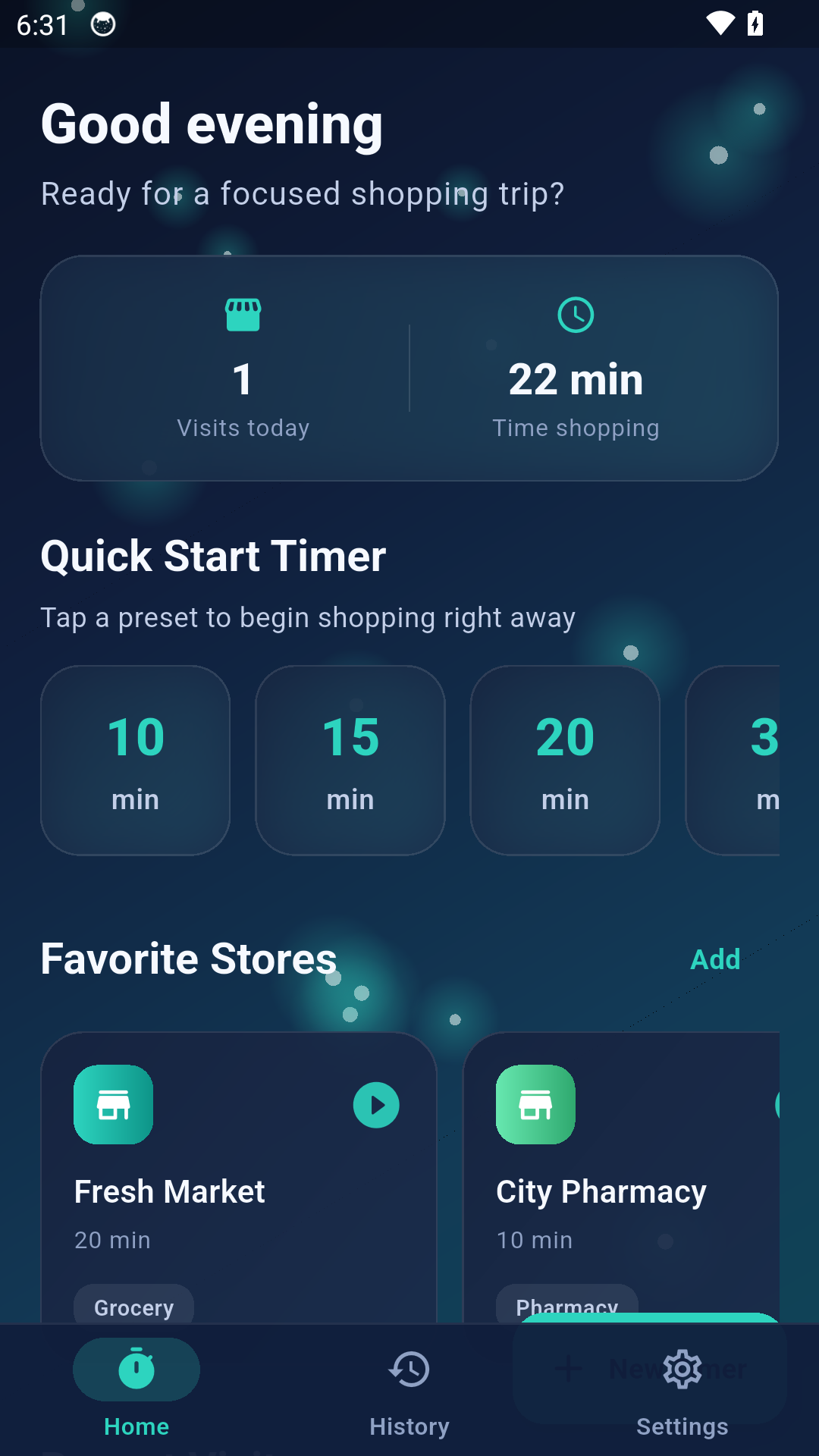 Shopping Time Keeper home screen